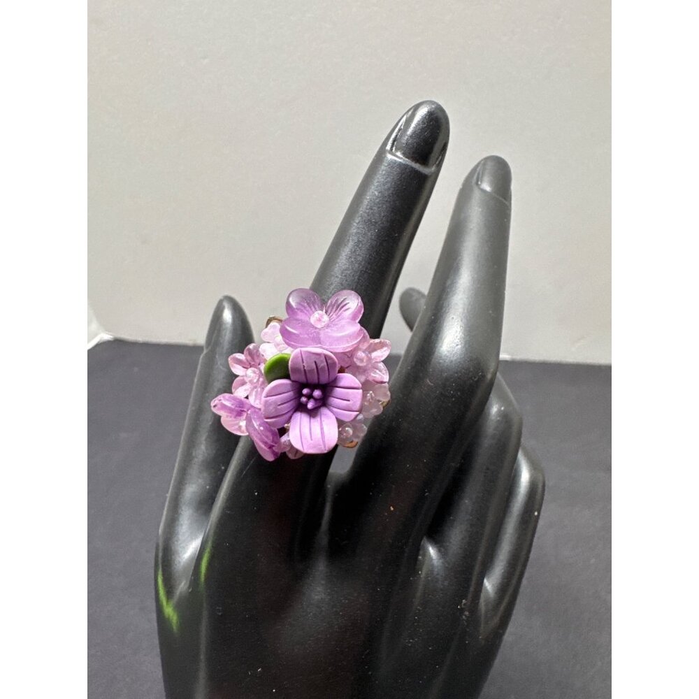 Artisan Handcrafted Purple Lilac Flower Cluster Ring Gold Adjustable Statement P